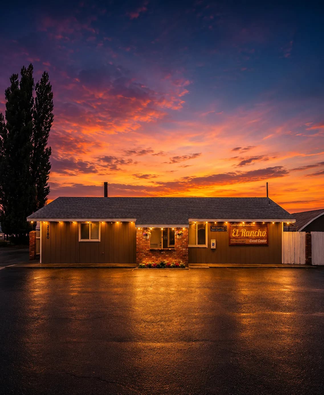 El Rancho Event Center venue exterior at dusk